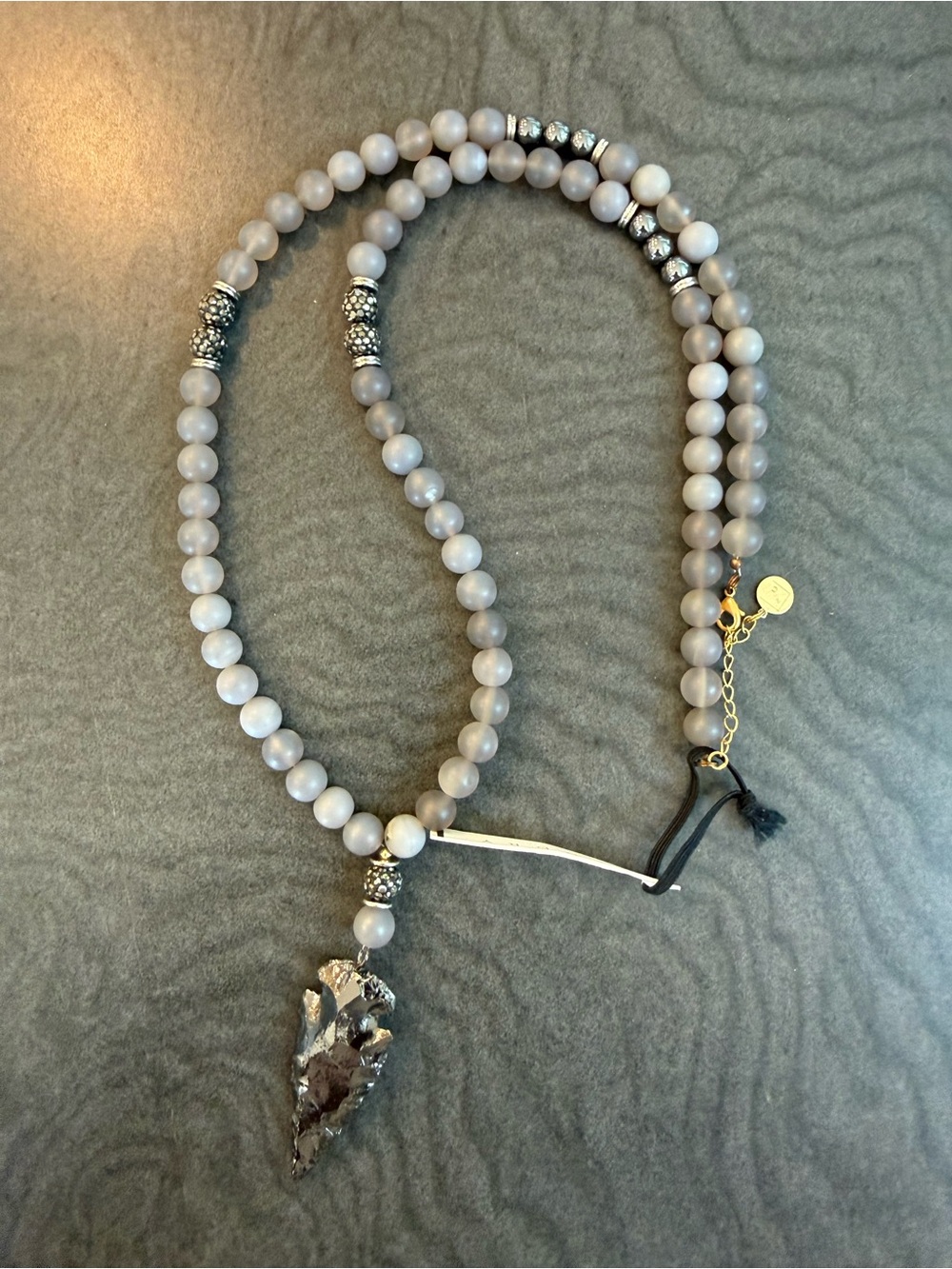 Gray Beaded Necklace with Arrowhead Pendant